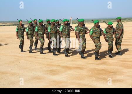 AMISOM soldiers in Beletweyne, Somalia, on parade during a sendoff ceremony for outgoing AMISOM Sector Four Commander, Col. Mohamed Ibrahim Moussa on 16 February 2020. Stock Photo