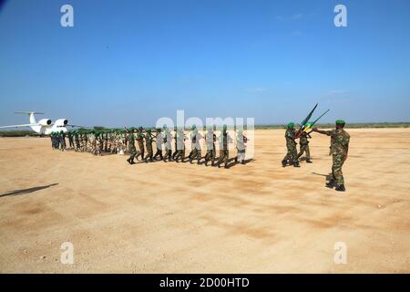 AMISOM soldiers in Beletweyne, Somalia, on parade during a sendoff ceremony for outgoing AMISOM Sector Four Commander, Col. Mohamed Ibrahim Moussa on 16 February 2020. Stock Photo