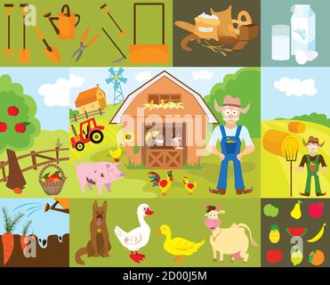 Big set of cartoon characters and elements of the farm. Buildings, people, livestock, animals, cars, trees, vegetables, fruits, inventory. Isolated Stock Vector