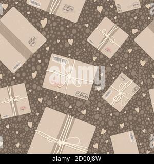 Parcels, envelope and postage stamps, Postal service packs and letters vector seamless pattern . Flat cartoon style. Set of postal packs and letters b Stock Vector