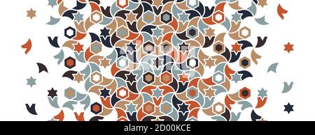 Arabic border, islamic pattern. Geometric halftone texture with mixed color tile disintegration. Stock Vector
