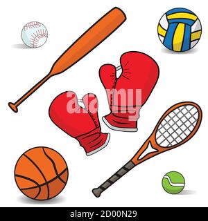 Volleyball, boxing gloves, a basketball, bat, racket, badminton. Stock Vector
