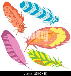 Set tribal painted colored feathers. Isolated on white background. Vector illustration. Stock Vector