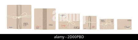 Vector collection with vatious cardboard postal parcels with stamps. Post package ready for fast delivery to the recipient. Top view. Cartoon flat sty Stock Vector