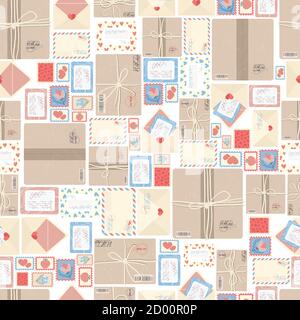 Parcels, envelope and postage stamps, Postal service packs and letters vector seamless pattern . Flat cartoon style. Set of postal packs and letters b Stock Vector