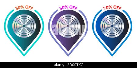 30 , 50 , 70 percentage off vector banner sale pointer location icon. Holographic target element. Stock Vector