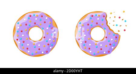 Cartoon colorful tasty donut whole and bitten set isolated on white background. Purple glazed doughnut top view for cake cafe decoration or bakery menu design. Vector flat eps illustration Stock Vector