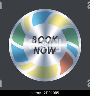 Book now button, order, purchase, buy. Vector round metallic and color icon, push button design. Stock Vector