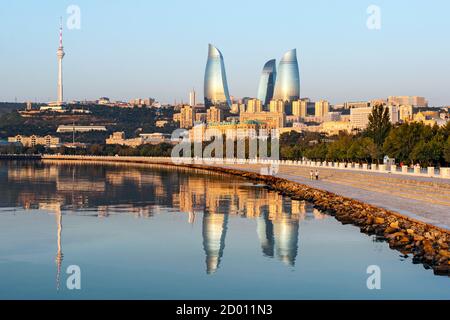 Baku Bay and the Baku skyline and promenade at dawn. Stock Photo