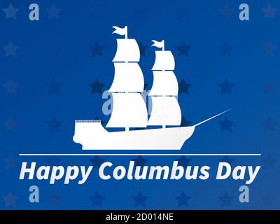 Happy Columbus Day. White outline of a sailing ship against a blue background with stars. Vector illustration Stock Vector