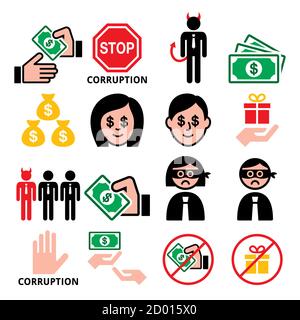 Corruption, no bribes and presents, corrupted businessmen, people vector icons set Stock Vector