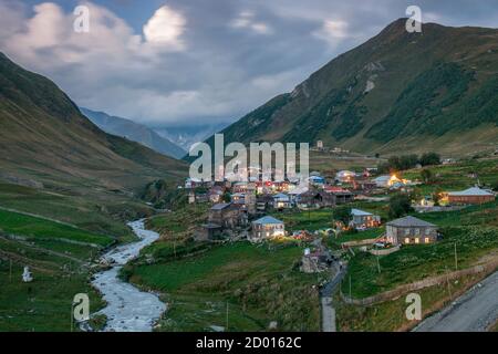 Dusk view of Zhibiani and Chvibiani, two of the four hamlets comprising Ushguli community in Svaneti district, Caucasus Mountains, northern Georgia. Stock Photo