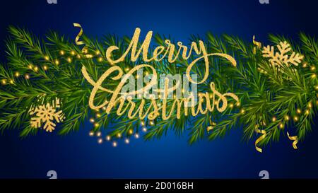 Merry Christmas lettering in fir branches with luminous garland, a gold snowflakes and gold tinsel. Dark blue background for Christmas greeting card Stock Vector