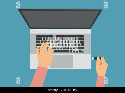 Illustration of a laptop and the hands of a man or woman. Holds the USB flash drive and plugs into a computer - vector Stock Vector