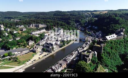 Aerial view of Bouillon Castle, medieval castle in the town of Bouillon in the province of Luxembourg, Belgium, Europe. Stock Photo