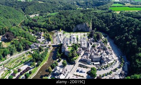 Durbuy, Belgium in 4K. Aerial view of old town and Castle in Durbuy, Belgium, Europe. Panorama of city, UNESCO world heritage. Famous places in Belgiu Stock Photo