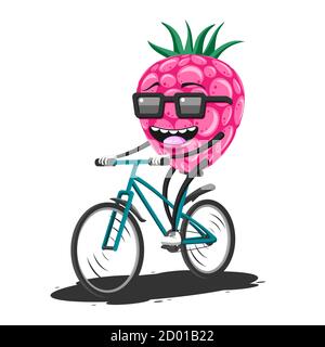 Cartoon raspberry in sunglasses riding a Bicycle on a white isolated background. Vector image Stock Vector