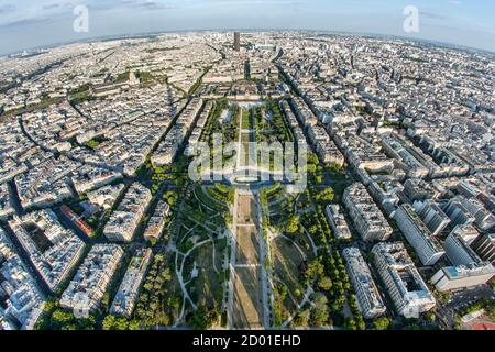 View across Paris from the top of the Eiffel Tower. Stock Photo