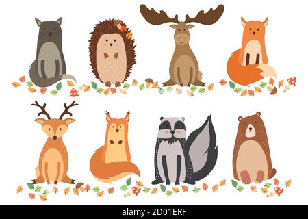 A set of cute animals on a white background isolated. Vector illustration. Stock Vector