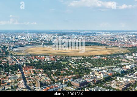 Berlin, Germany - August 19, 2020: Former Berlin Tempelhof Airport aerial view photo in Germany. Stock Photo