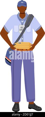 Post office male worker flat color vector illustration. African american man distributes parcels. Post service. Employee in american post uniform Stock Vector
