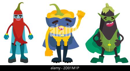 Set of superhero vegetables. Chilli, bell pepper and eggplant in cartoon style. Stock Vector