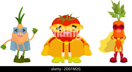 Set of superhero vegetables. Onion, tomato and carrot in cartoon style. Stock Vector