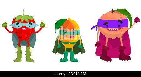 Set of superhero fruits. Strawberry, mango and peach in cartoon style. Stock Vector