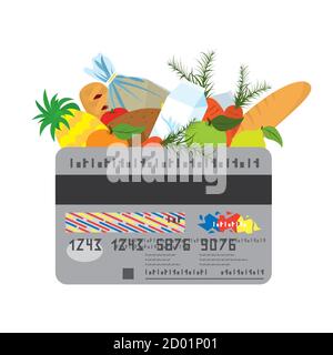 Shopping logo design, template, food, bank card. Vector illustration on white Stock Vector