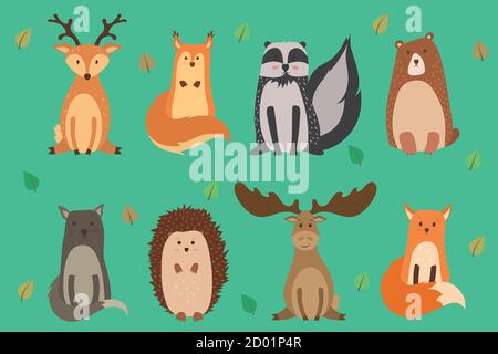 Vector illustration of cute animals autumn: reindeer, squirrel, raccoon, bear, wild cat, hedgehog, elk, fox. Vector Stock Vector