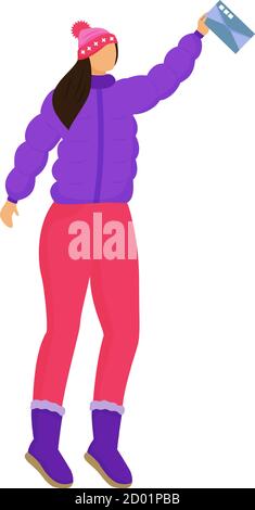 Woman in winter clothes receives letter flat color vector illustration. Getting post. Sending greeting card. Delivery services. Taking postcard Stock Vector