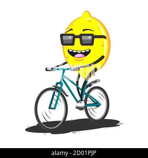 cartoon lemon in sunglasses riding a Bicycle on a white isolated background. Vector image Stock Vector