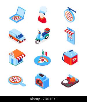 Pizza delivery - modern colorful isometric icons set Stock Vector