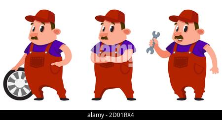 Auto mechanic in different poses. Male character in cartoon style. Stock Vector