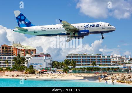 Sint Maarten, Netherlands Antilles - September 16, 2016: JetBlue Airbus A320 airplane at Sint Maarten Airport in the Netherlands Antilles. Stock Photo