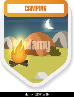 Camping flat color vector badge. Overnight stay in woods. Campfire and tents. Tourism, adventure. Camp site in forest. Hiking graphic sticker Stock Vector