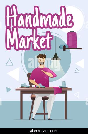 Handmade market poster vector template. Shoemaker. Shoemaking process. Footwear. Brochure, cover, booklet page concept design with flat illustrations Stock Vector