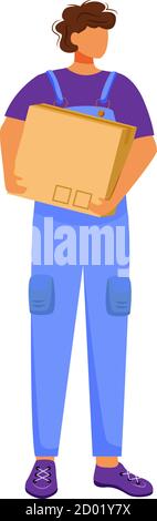 Post office male worker flat color vector illustration. Man distributes packages. Post service delivery boy. Boxes and parcels transportation isolated Stock Vector