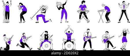 Rock musicians flat contour vector illustrations set. Music band members. Guitarists, drummers, lead vocalists. People playing at concert. Isolated Stock Vector