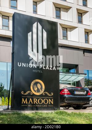 Bucharest/Romania - 07.15.2020: Union plaza hotel an Maroon restaurant sign  board in the center of Bucharest Stock Photo - Alamy