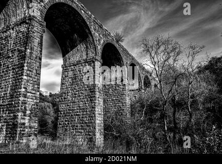 Pontsarn Viaduct, now disused, but previously was the railwat bridge that carried the trains over to and beyond Merthyr Tydfil from Brecon and beyond,. Stock Photo