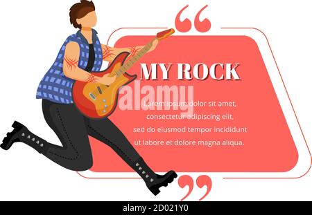 Rock guitarist flat color vector illustration. Jumping guitar player. Isolated cartoon character. Quote blank frame template. Trapezuim shaped red Stock Vector