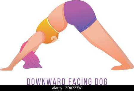 Downward facing dog pose flat vector illustration. Adho Mukha Shvanasana. Caucausian woman doing yoga in orange and purple sportswear. Workout Stock Vector