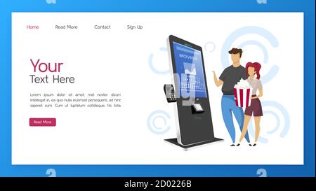 Tickets kiosk landing page vector template. Cinema self service machine website interface idea with flat illustrations. Entertainment paying equipment Stock Vector