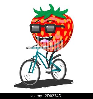 Cartoon strawberry in sunglasses riding a Bicycle on a white isolated background. Vector image Stock Vector