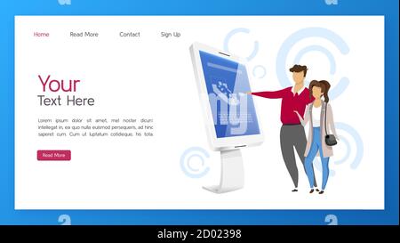 Information kiosk landing page vector template. Interactive display website interface idea with flat illustrations. Digital panel with touchscreen Stock Vector