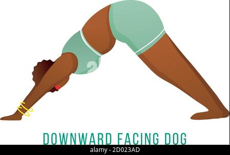 Downward facing dog pose flat vector illustration. Adho Mukha Shvanasana. African American, dark-skinned woman performing yoga posture. Workout Stock Vector
