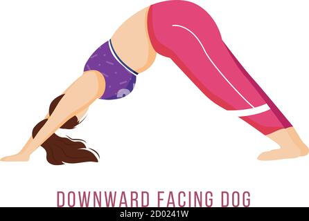 Downward facing dog flat vector illustration. Adho Mukha Shvanasana. Caucausian woman performing yoga posture in pink and purple sportswear. Workout Stock Vector