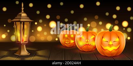 Halloween banner. Pumpkins with carved muzzles on a wooden table with a lantern and bokeh effect. Realistic 3D illustration. Vector. Stock Vector