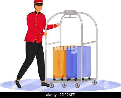 Bellman flat color vector illustration. Hotel clerk carrying baggage. Porter in uniform. Service staff with luggage cart and suitcases isolated Stock Vector